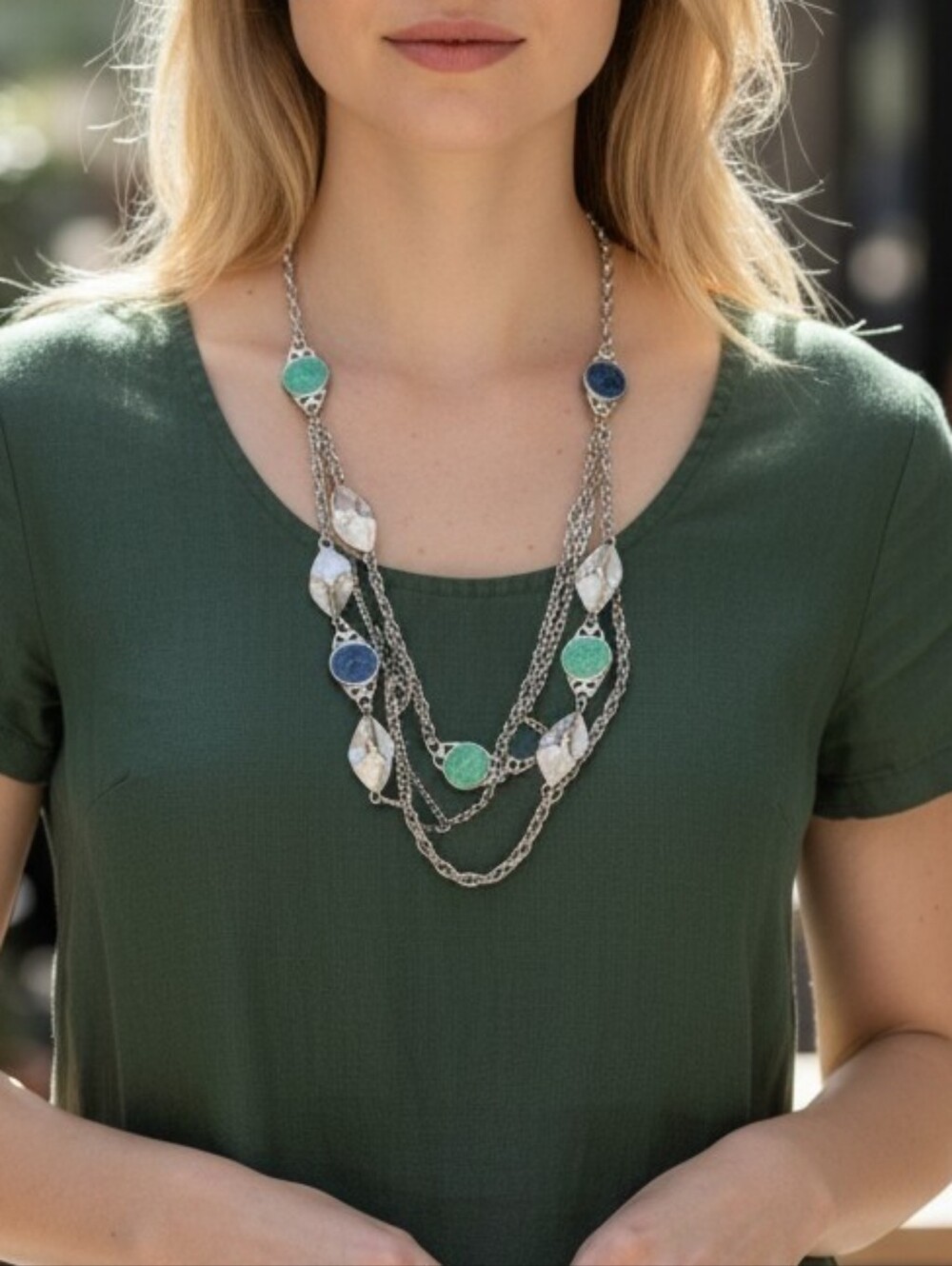 Layered Silver Necklace with Blue, Teal and White Stones